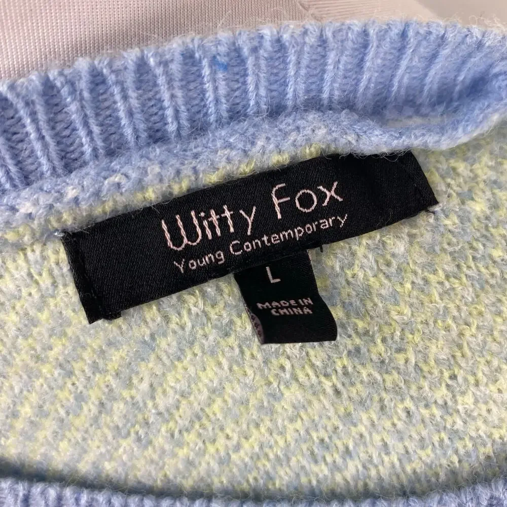 Witty Fox Blue Retro Floral Cropped Knit Sweater Large Daisy - Picture 6 of 7